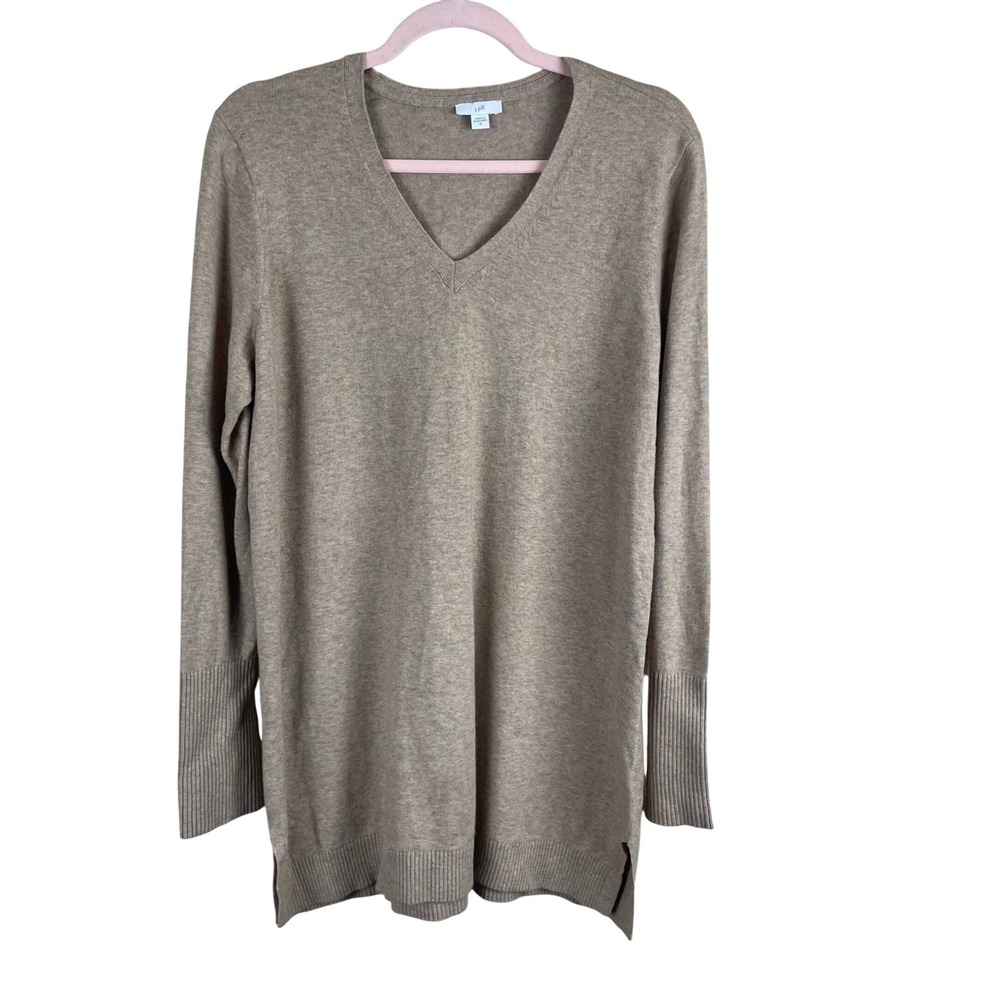 J Jill Tan V Neck Long Sleeve Ribbed Cuff Tunic Sweater Women M